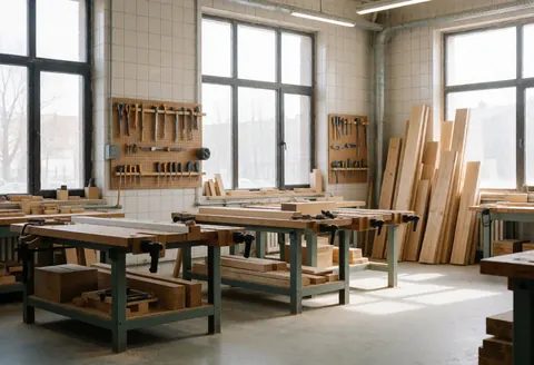 Vue de l'intérieur d'un atelier de menuiserie professionnel avec outils, bois et mobilier en cours de fabrication.