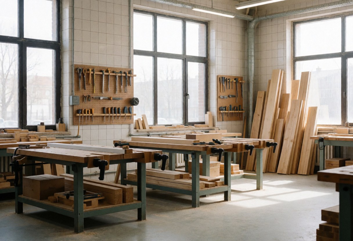 Vue de l'intérieur d'un atelier de menuiserie professionnel avec outils, bois et mobilier en cours de fabrication.