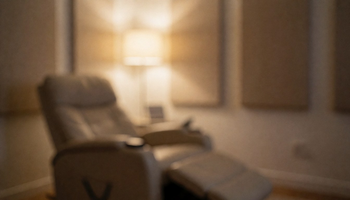 Un fauteuil inclinable est positionné devant une paroi acoustique texturée, baigné d'une lumière chaude et douce créant une atmosphère apaisante.