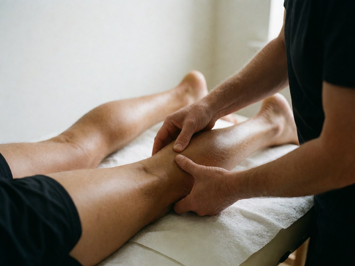 Des mains de professionnel appliquant un massage musculaire intense sur une jamte cliente, en fond blanc avec lumière naturelle pour récupération sportive.