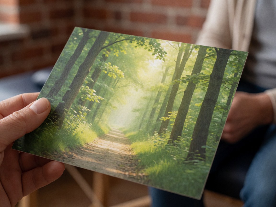 Mains tenant une carte montrant un sentier en forêt avec lumière chaude sur fond brique, évoquant calme et thérapie.