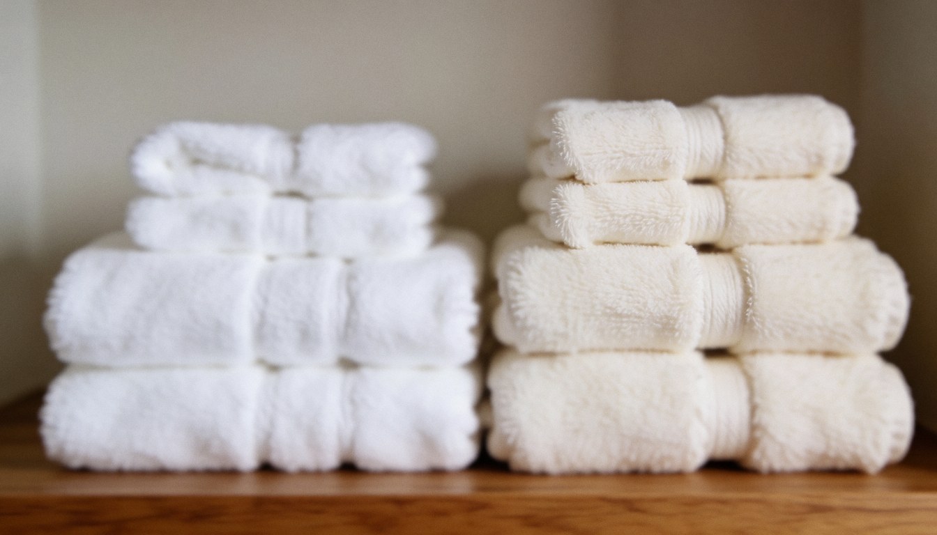 Deux piles de serviettes blanches et naturelles posées sur une étagère en bois avec un fond doux et flou, idéal pour les textes de massage ayurvédique et de bien-être.