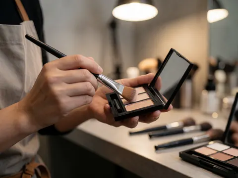 Des mains professionnelles utilisent un pinceau pour prélever de la poudre dans une palette, sur fond de studio éclairé avec des murs en béton.