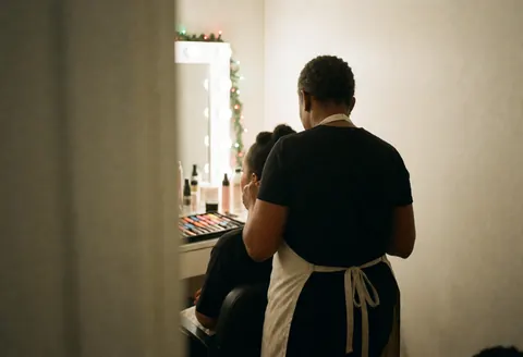 Une maquilleuse professionnelle applique un maquillage festif sur une cliente devant un miroir éclairé, utilisant des produits de beauté.