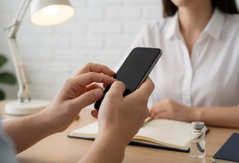 Un professionnel assis à un bureau en bois utilise son smartphone pour communiquer, entouré de produits de santé et d'un cahier dans une lumière chaude.