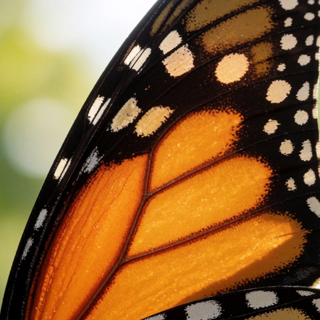 Vue macro détaillée montrant la texture complexe des écailles orange et noires formant les motifs caractéristiques de l'aile d'un papillon monarque.