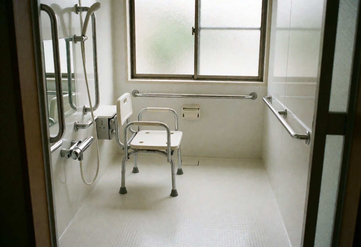 Intérieur d'une salle de bain sécurisée et accessible équipée d'une chaise de douche, de barres d'appui, d'un sol antidérapant et d'une fenêtre laissant entrer la lumière naturelle.