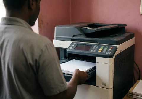 Une personne effectue une tâche en chargeant du papier dans une photocopieuse au sein d'un centre de copie.