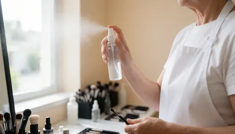 Une maquilleuse professionnelle applique un spray fixateur près d'une fenêtre dans son studio, avec des outils de maquillage en arrière-plan flou.