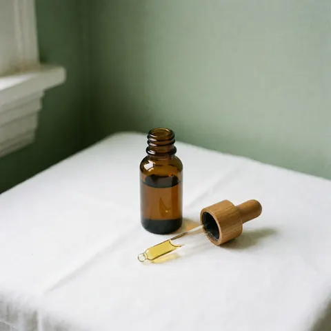 Un flacon en verre transparent équipé d'une pipette, rempli d'une huile herbale pure, posé sur une surface en bois clair à côté d'un tissu blanc et d'un mur vert.