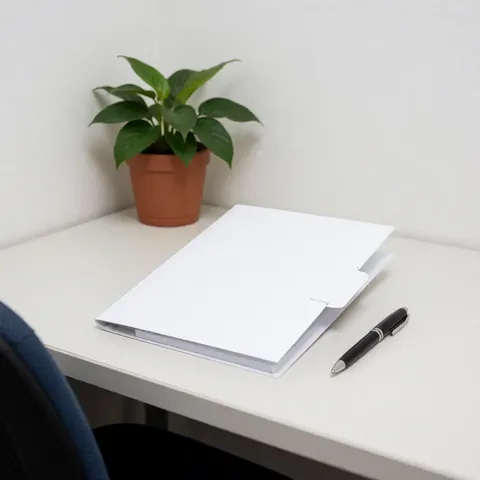 Un dossier blanc posé sur un bureau blanc avec un stylo et une petite plante verte. Une scène propre et ordonnée évoquant les services de santé.