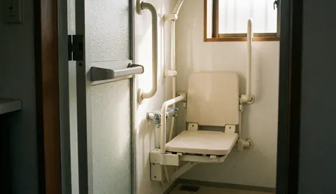 Salle de bain spacieuse et lumineuse équipée de barres d'appui et d'une chaise pliante, offrant un environnement sûr et propre pour les seniors.