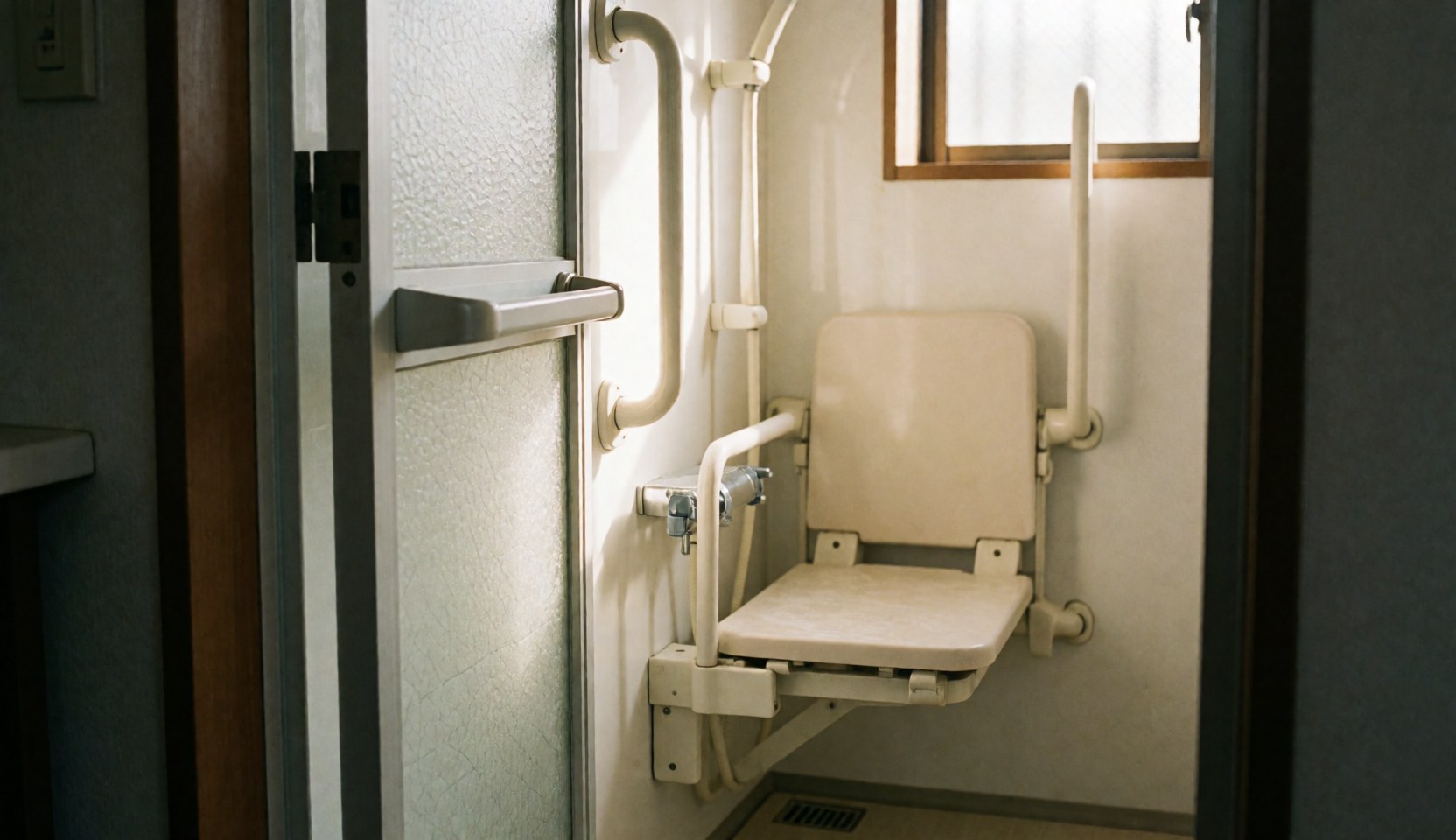 Salle de bain spacieuse et lumineuse équipée de barres d'appui et d'une chaise pliante, offrant un environnement sûr et propre pour les seniors.