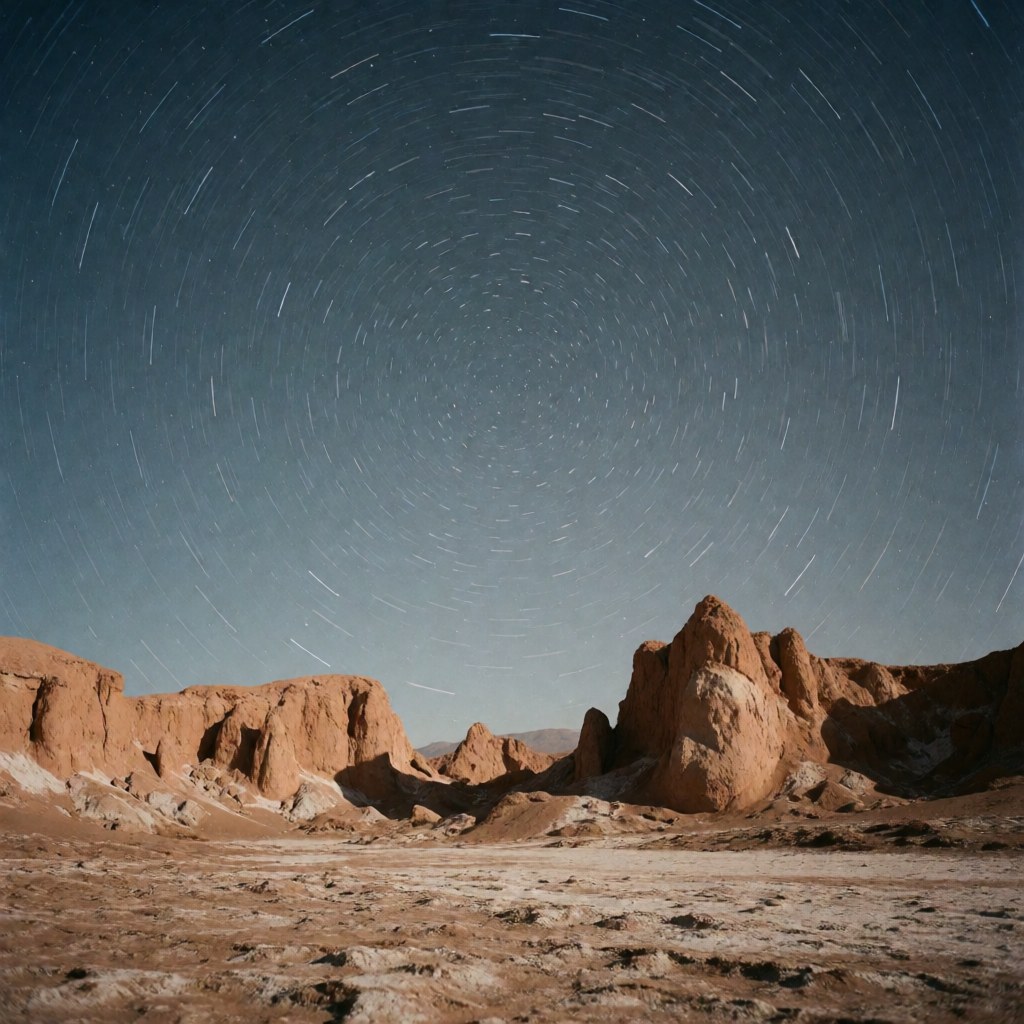 Paysage nocturne montrant des traînées lumineuses d'étoiles dans un ciel étoilé au-dessus de rochers et d'un sol salé dans le désert.