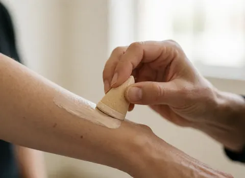 Gros plan d'une main tenant un pinceau ou une éponge pour appliquer un produit de maquillage professionnel sur la peau, mettant en valeur la texture et le détail de l'outil.