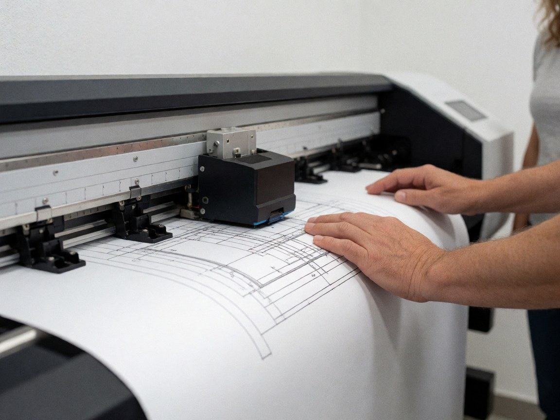 Mains guidant un rouleau de papier blanc pendant qu'une imprimante grand format imprime un plan technique avec des lignes claires et précises.