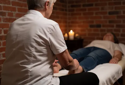Un thérapeute réalise un massage shiatsu sur les jambes d'un client allongé sur une table de massage dans un cadre professionnel.