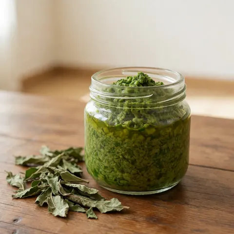 Jarre en verre contenant une pâte verte à l'épazote et de l'huile, posée sur une table en bois avec des herbes séchées à côté.