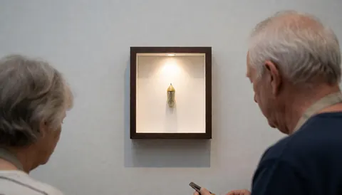 Deux individus observent une toile dans un cadre sombre accrochée à un mur gris, éclairée par un spot dans une galerie minimaliste.