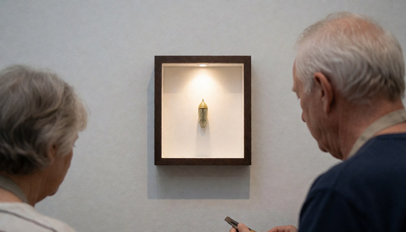 Deux individus observent une toile dans un cadre sombre accrochée à un mur gris, éclairée par un spot dans une galerie minimaliste.