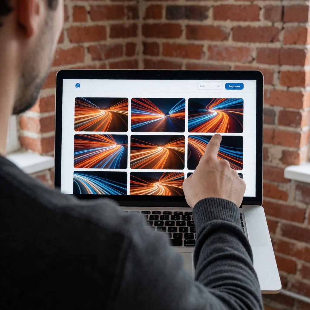 Un photographe créatif vérifie des photos de lumière sur son ordinateur portable devant un mur de briques rouges.