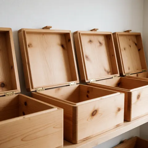 Des coffres en bois clair ouverts posés sur une étagère, révélant leur grain naturel et leurs charnières dorées pour le rangement.