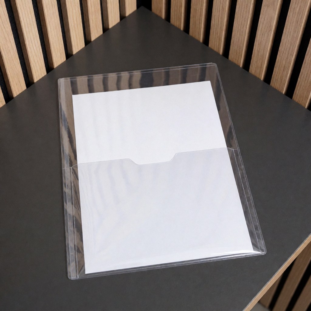 Couverture plastique transparente avec fenêtre avant posée sur une table noire, idéale pour présenter des thèses ou rapports, sur fond de lattes de bois clair.