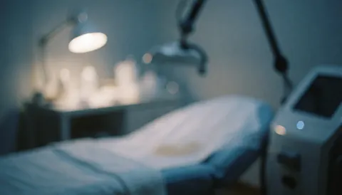 Arrière-plan d'une clinique de dépilation laser montrant un lit de traitement, une machine et une lampe de bureau dans des tons froids pour texte.
