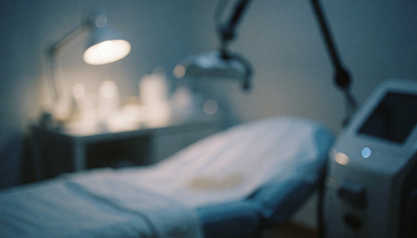 Arrière-plan d'une clinique de dépilation laser montrant un lit de traitement, une machine et une lampe de bureau dans des tons froids pour texte.