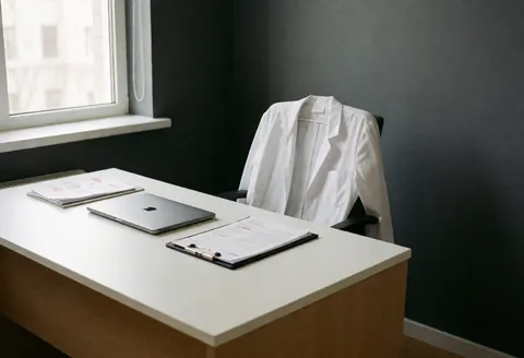 Bureau médical moderne avec bureau blanc, ordinateur portable, blouse blanche sur chaise et murs gris.
