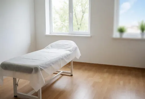 Salle de traitement esthétique vide et propre avec lit couvert d'une housse stérile, murs blancs, sol en bois clair et lumière naturelle par les fenêtres.