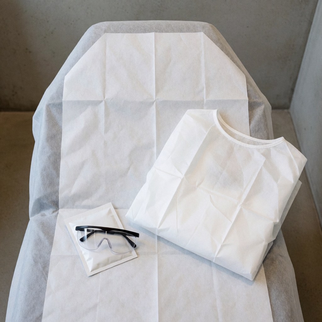 Lit de traitement avec serviette jetable, vêtements de protection et lunettes de sécurité. Scène propre et professionnelle pour épilation laser en clinique.