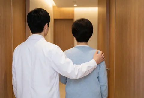 Un professionnel en blouse blanche guide un patient dans un couloir aux tons boisés chaleureux, avec une main sur l'épaule pour un accompagnement rassurant.