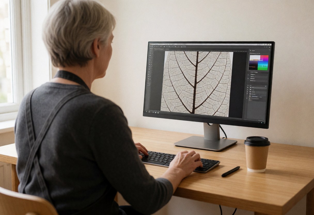 Un photographe macro travaille à son bureau en éditant une photo détaillée d'une feuille avec ses veines visibles, entouré de matériel professionnel et d'un café.