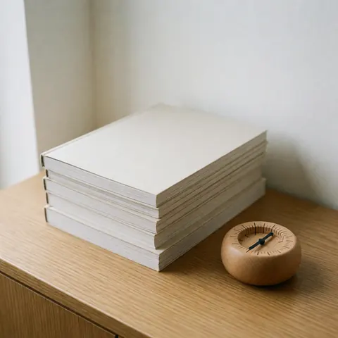 Pile de guides thérapeutiques sans marque et une montre en bois sur une table en chêne, dans un environnement minimaliste et relaxant, idéal pour l'hypnothérapie et le bien-être.