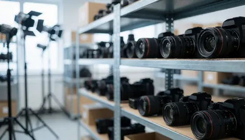 Étagères métalliques contenant des appareils photo et des objectifs professionnels avec des lumières de studio sur un fond flou créant une ambiance industrielle pour la photographie documentaire.