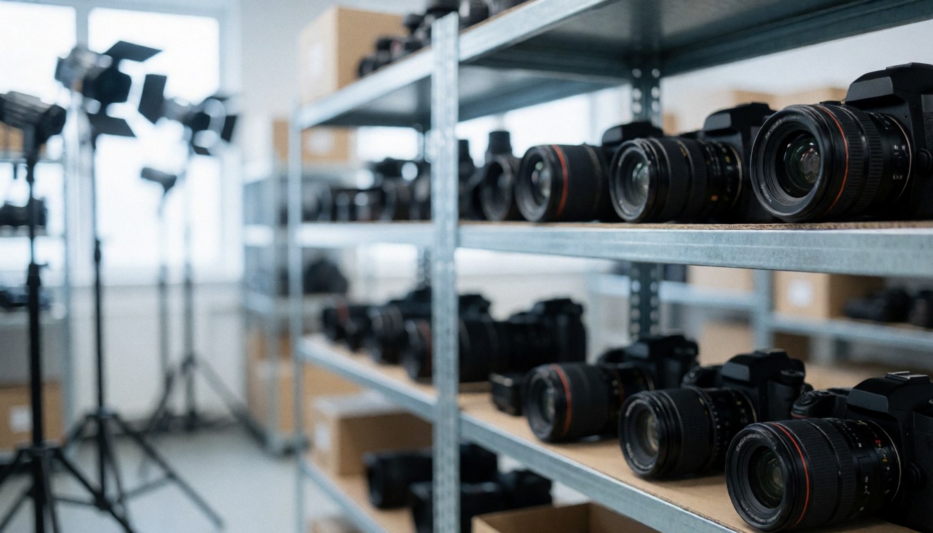 Étagères métalliques contenant des appareils photo et des objectifs professionnels avec des lumières de studio sur un fond flou créant une ambiance industrielle pour la photographie documentaire.