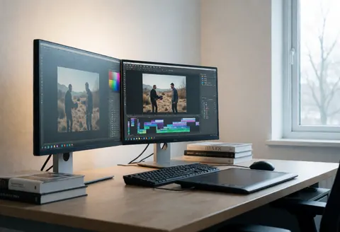 Espace de travail organisé pour photographe documentaire, équipé de deux moniteurs, tablette, clavier, souris et livres sur un bureau en bois baigné de lumière naturelle.