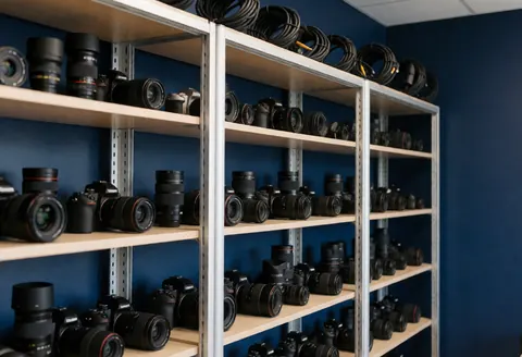 Des étagères en bois et métal abritent du matériel photographique professionnel, prêt à l'emploi dans un studio aux murs bleus.