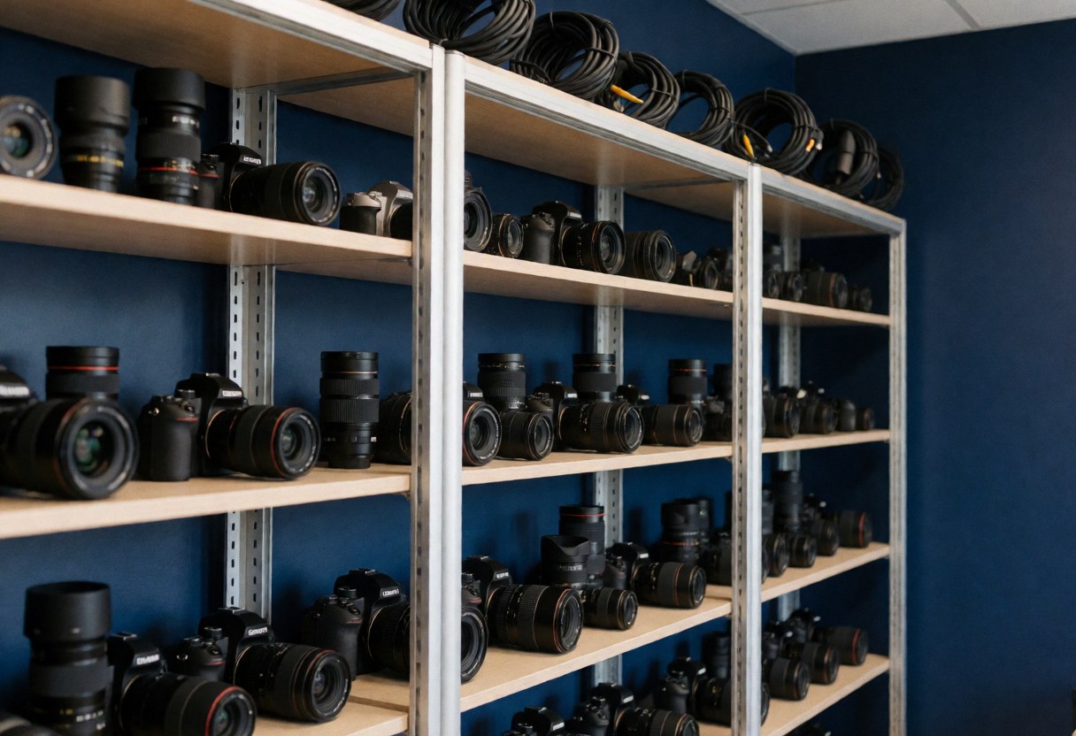 Des étagères en bois et métal abritent du matériel photographique professionnel, prêt à l'emploi dans un studio aux murs bleus.