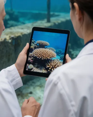 Un biologiste marin dans un laboratoire sous-marin consulte des images de corail sur une tablette, avec une structure en béton en arrière-plan.