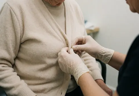 Un thérapeute portant des gants aide une personne âgée à enlever un cardigan beige dans un cadre de soins gériatriques professionnel.