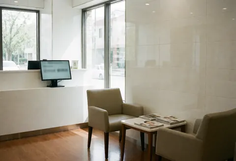 Intérieur d'une clinique ou cabinet médical avec chaises d'attente, table basse, grandes fenêtres laissant entrer la lumière naturelle et murs blancs pour un environnement propre et professionnel.