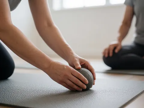 Des mains de thérapeute placent délicatement une boule de shiatsu sur un tapis texturé dans un espace lumineux.