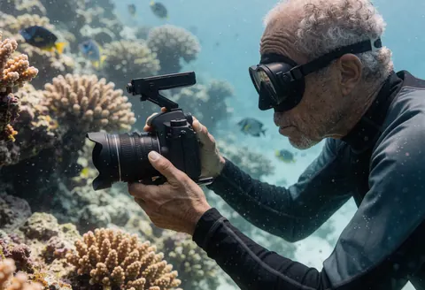 Un photographe sous-marin adulte en action prend des photos avec une caméra professionnelle devant un mur de corail avec des poissons tropicaux en arrière-plan.