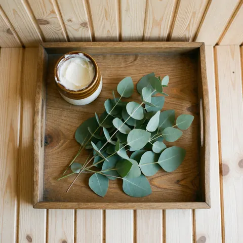 Plateau en bois clair posé sur un mur de planches, présentant une jarre de salve et des feuilles d'eucalyptus fraîches éclairées par une lumière naturelle vive.