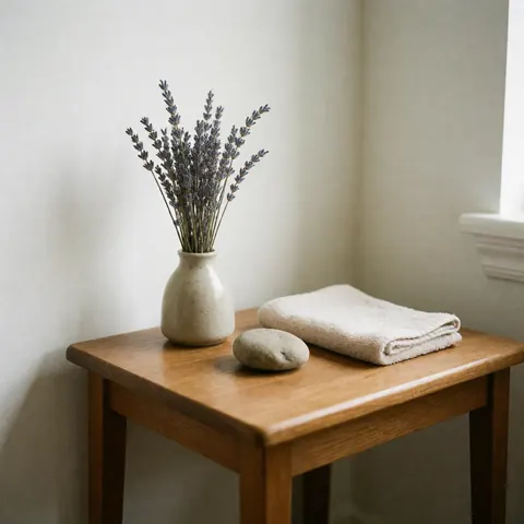 Kit de massage gériaque avec lavande sèche, pierre douce et serviette sur table en bois, idéal pour réduire l'agitation en soins de démence.