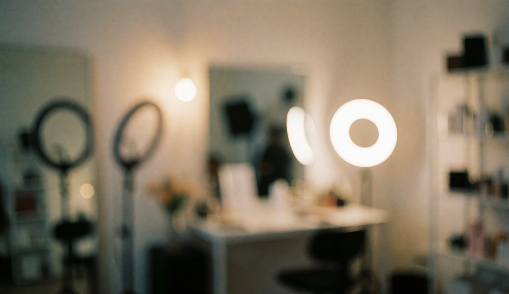 Fond de studio professionnel de maquillage avec des lumières d'anneau, des miroirs et des étagères flous, une ambiance chaleureuse et confortable idéale pour les textes.
