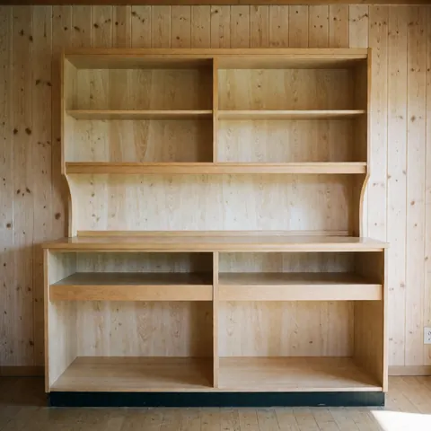 Cuisine neuve et vide aux murs en planches de bois clair, éclairée par la lumière naturelle, sans personnes, idéale pour la présentation de meubles de menuiserie.