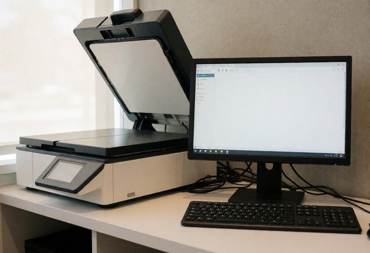 Scanner professionnel avec écran et clavier sur un bureau propre, éclairé par la lumière naturelle d'une fenêtre, idéal pour photocopies et reliure.